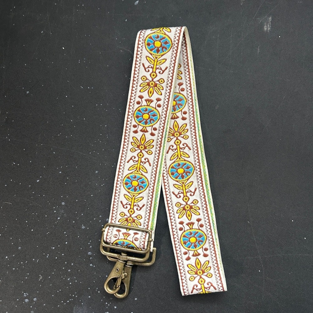 Embroidered Folk Guitar Strap Boho Adjustable Yellow Musician Brass Replacement